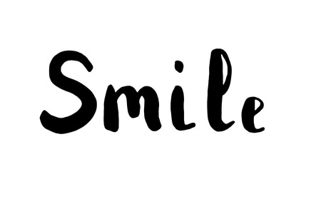 The word smile. Lettering. Brush calligraphy. Motivation and inspiration. Positive inspirational quote on white background. Lettering for posters, cards and social media content.の写真素材