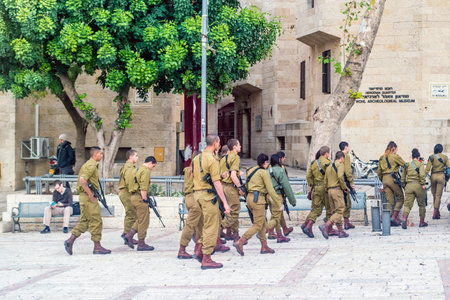 JERUSALEM, ISRAEL - November 2016: A group of soldiers on the streets of Jerusalem.