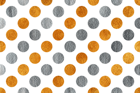 Golden and silver painted polka dot background. Pattern with dots for scrapbooks, wedding, party or baby shower invitations.の写真素材