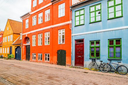 Street view with colorful buildings in Helsingor, Denmark.
