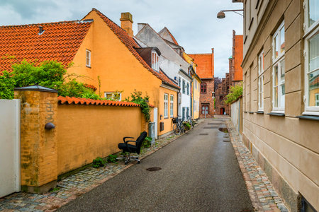 Street view with colorful buildings in Helsingor, Denmark.の写真素材