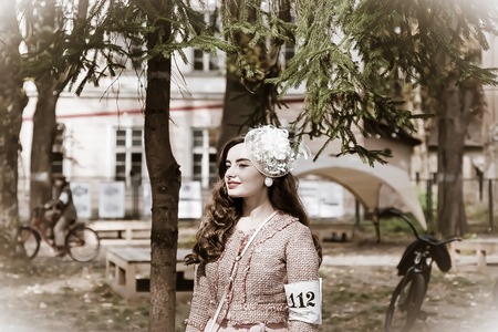 Ivano-Frankivsk, Ukraine - September 28, 2019: Retro cruise de Frankivsk. People in retro clothes participating in bicycle tweed run Retro cruise.のeditorial素材