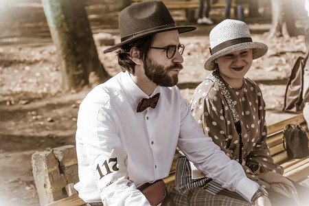 Ivano-Frankivsk, Ukraine - September 28, 2019: Retro cruise de Frankivsk. People in retro clothes participating in bicycle tweed run Retro cruise.のeditorial素材