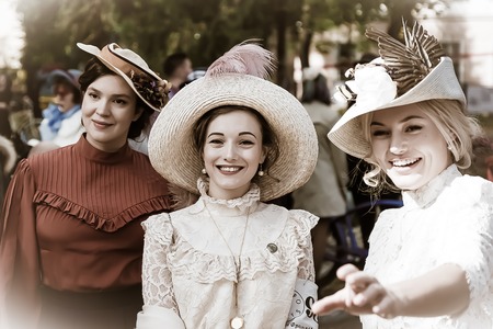 Ivano-Frankivsk, Ukraine - September 28, 2019: Retro cruise de Frankivsk. People in retro clothes participating in bicycle tweed run Retro cruise.のeditorial素材