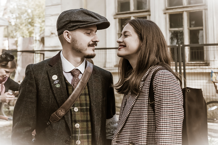 Ivano-Frankivsk, Ukraine - September 28, 2019: Retro cruise de Frankivsk. People in retro clothes participating in bicycle tweed run Retro cruise.のeditorial素材
