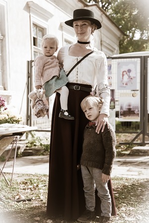 Ivano-Frankivsk, Ukraine - September 28, 2019: Retro cruise de Frankivsk. People in retro clothes participating in bicycle tweed run Retro cruise.のeditorial素材