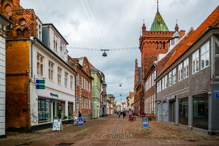 Helsingor, Denmark - May, 2019: Street view with colorful buildings in Helsingor, Denmark.のeditorial素材