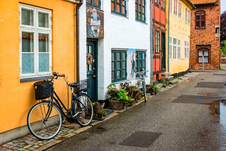 Street view with colorful buildings in Helsingor, Denmark.のeditorial素材