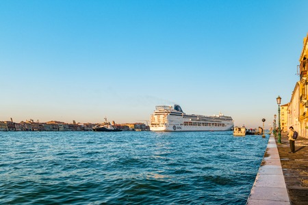 Venice, Italy - October, 2019: Ocean cruise liner arriving in the morning to port of Venice.のeditorial素材