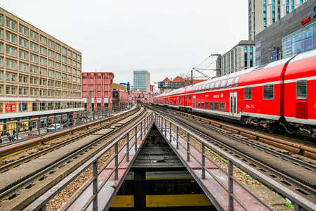 Berlin, Germany - December, 2019: Electric train infrastructure near Alexanderplatz in Berlin.のeditorial素材