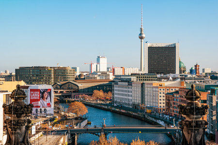 Berlin, Germany - December, 2019: Top view of the city Berlin from roof of Reichstag.