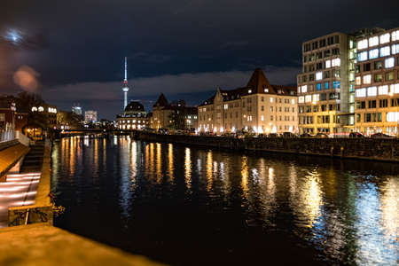 Berlin, Germany - December, 2019: View of Museum Island with famous TV tower and Spree river in center of Berlin at night.のeditorial素材