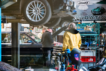 Berlin, Germany - December, 2019: The Classic Remise Berlin, a center for vintage cars. Maintenance,...