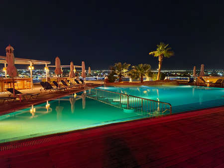 Sharm El Sheikh, EGYPT - February 2021: Hotel rooftop pool at night in Sharm El Sheikh.のeditorial素材