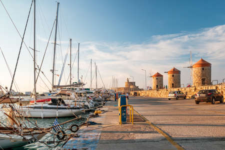 Rhodes, Greece - June 2021: Agios Nikolaos fortress on Rhodes at sunset.のeditorial素材