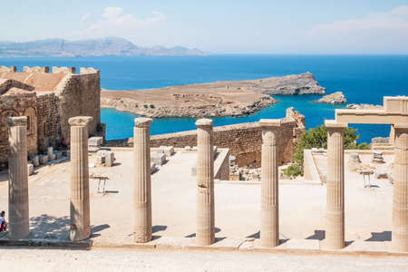 Lindos castle with some ancient parts including the temple of Lindia Athena, on the island of Rhodes, Greece.の写真素材
