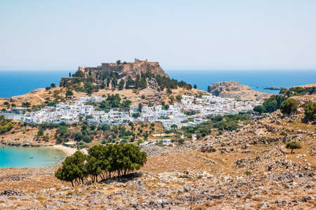 View of the white town of Lindos on Rhodes, Greece.の写真素材