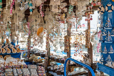 Souvenir boat shop selling shells in Rhodes, Greece.の写真素材