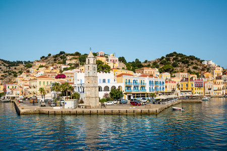 Symi, Greece - June 2021: The picturesque island of Simi near Rhodes, part of the Dodecanese island...