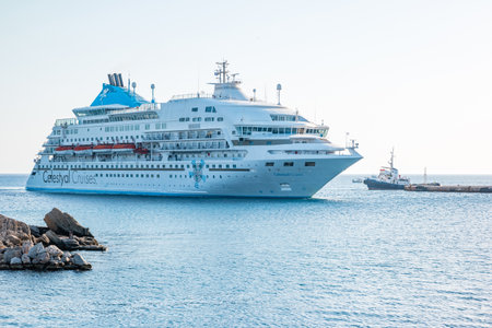 Rhodes, Greece - June 2021: Cruise liner at the entrance to the port of Rhodes.のeditorial素材