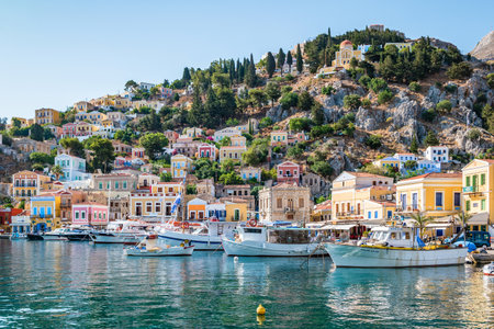 Symi, Greece - June 2021: The picturesque island of Simi near Rhodes, part of the Dodecanese island chain, Greece.のeditorial素材