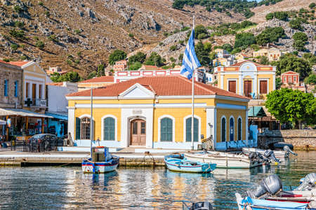 Symi, Greece - June 2021: Colorful house on the island of Symi, part of the Dodecanese island chain, Greece.のeditorial素材