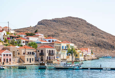 Halki, Greece - June 2021: The picturesque island of Halki near Rhodes, part of the Dodecanese island chain, Greece.のeditorial素材