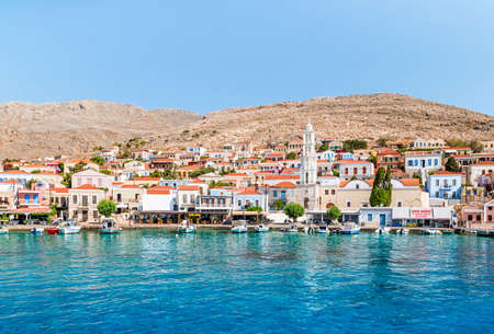 Halki, Greece - June 2021: The picturesque island of Halki near Rhodes, part of the Dodecanese island chain, Greece.のeditorial素材