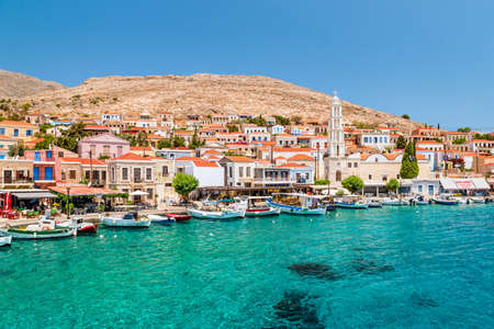 Halki, Greece - June 2021: The picturesque island of Halki near Rhodes, part of the Dodecanese island chain, Greece.のeditorial素材