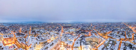 Top view of Ivano-Frankivsk in winter at Christmas time.