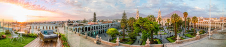 The main square of Arequipa on the background of the volcano El Misti.の写真素材
