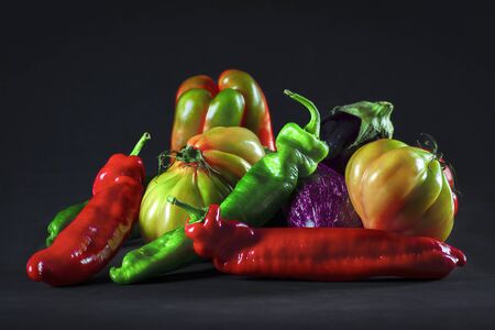Still life of vegetables. Peppers, eggplant, tomatoes.の写真素材