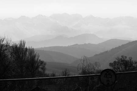 Morning mountains view from the road in BWの写真素材