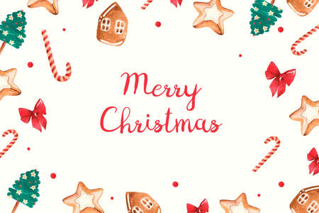 New Year's card with sweets. Postcard with cookies. Christmas card with gingerbread. New Year's treatsの写真素材