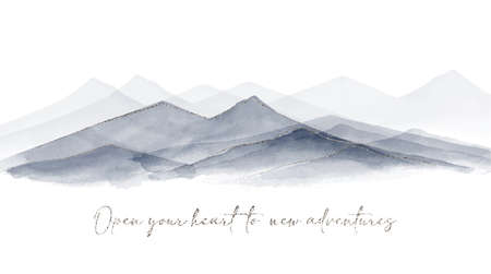 Abstract watercolor mountains. Artistic wallpaper for wall decoration, posters, covers, invitations, wedding printing. Gray painted mountains with sparklesの写真素材