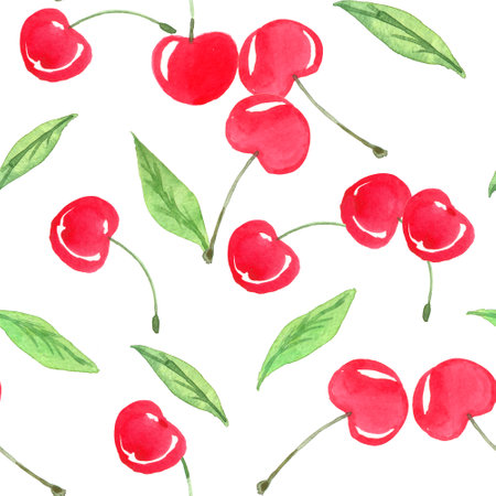 seamless background with watercolor cherry. Sweet cherry pattern on isolated backgroundの写真素材