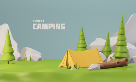 Tourist tent on a green meadow. summer camping. 3d illustration of camping. outdoor activities. Tent and fire campの写真素材
