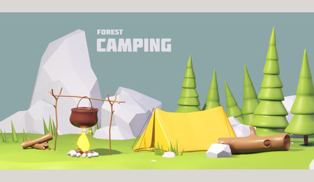 Tourist tent on a green meadow. summer camping. 3d illustration of camping. outdoor activities. Tent and fire campの写真素材