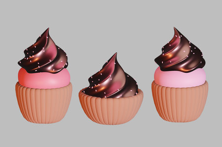 Collection of cupcakes with chocolate cream. 3d renderingの写真素材