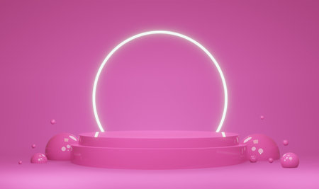 Abstract minimal scene with round podium. pink background. 3d renderingの写真素材