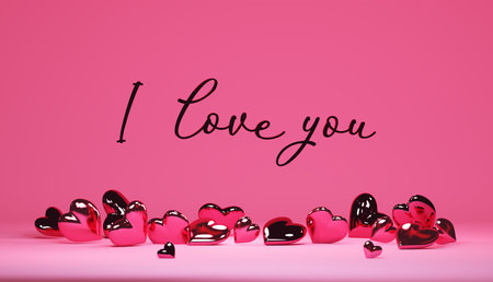 I love you text with red hearts on pink background. 3D renderingの写真素材