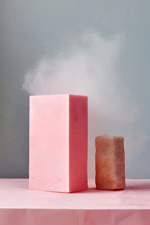 Abstract empty podium with suds on pastel pink background generative aiの素材