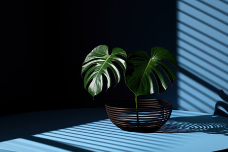 Green plant in concrete pot with decorative shadows on a green wall and table surface in home interior generative aiの素材
