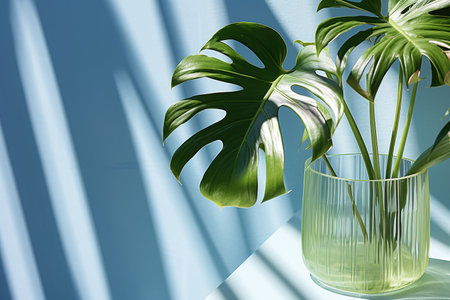 Green plant in concrete pot with decorative shadows on a green wall and table surface in home interior generative aiの素材