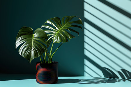 Green plant in concrete pot with decorative shadows on a green wall and table surface in home interior generative aiの素材