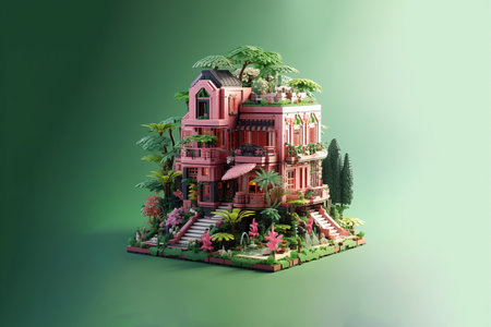 Toy house with plants and cactus in pink and green color generative aiの素材