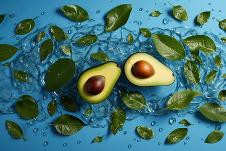 Two avocados on a blue background with green leaves and water generative aiの素材
