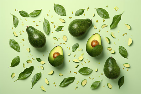 Avocados on a green background with green leaves generative aiの素材