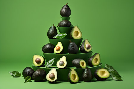 Avocados on a green background with green leaves generative aiの素材