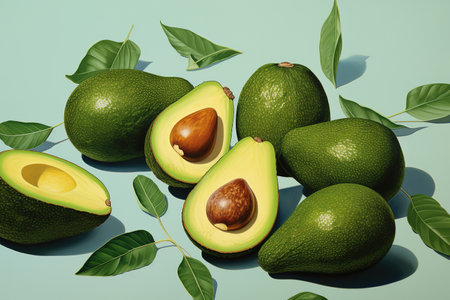 Avocados on a blue background with green leaves generative aiの素材